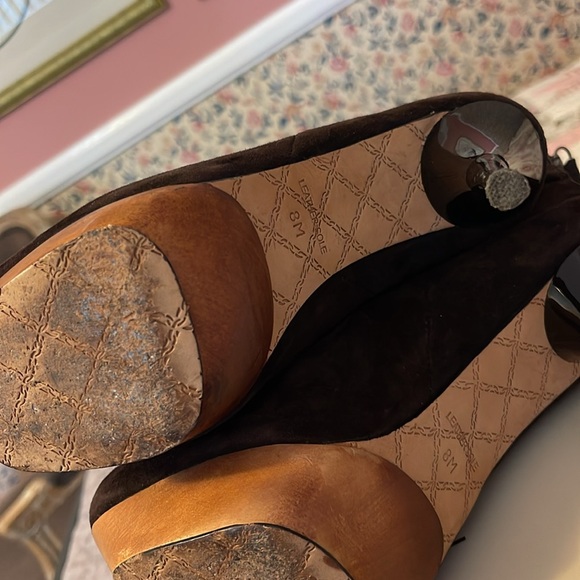 L.A.M.B. Dark Brown Suede and Leather High Stiletto Heel Platform Booties, 8 - Picture 13 of 13